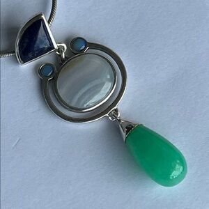 Elegant Silver, Green and Blue Pendant Necklace